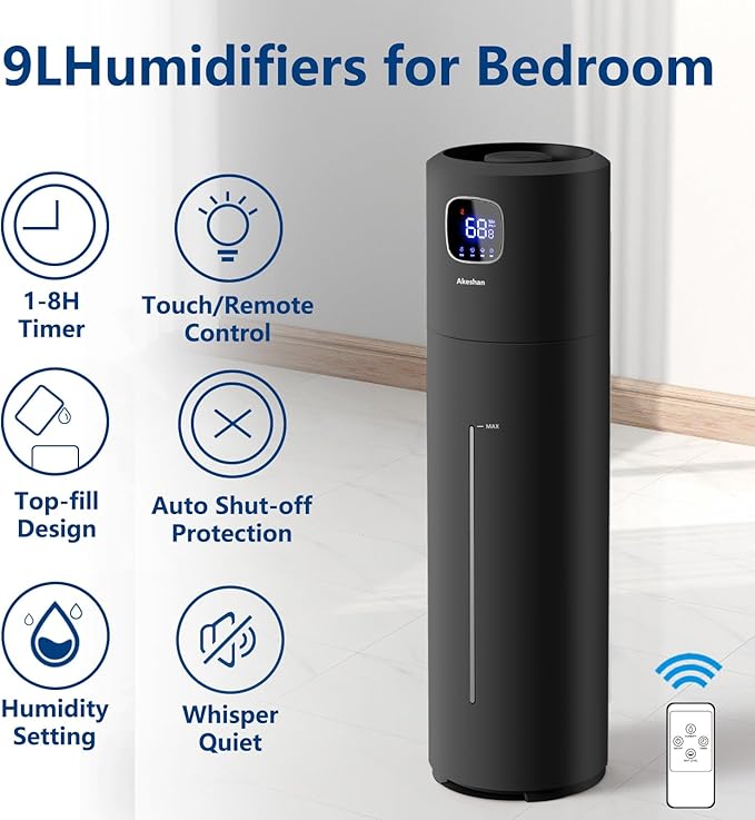 Akeshan Large Humidifiers for Bedroom, 9L/2.5Gal Ultrasonic Cool Mist, Top Fill