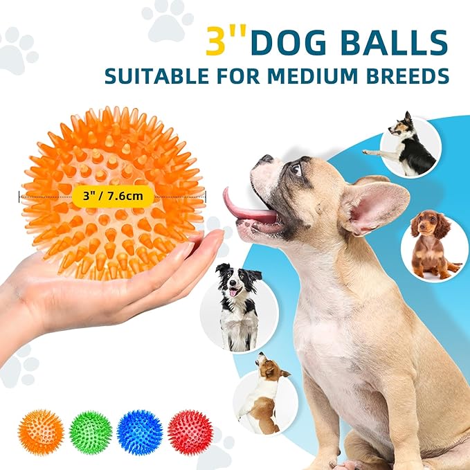 SHARLOVY 3'' Squeaky Balls for Small Dogs, 4 Colors Spiky Dog Balls for Puppy Teething, Durable Puppy Chew Toys for Teething, Indestructible Toys to Fetch and Train, BPA Free Non-Toxic