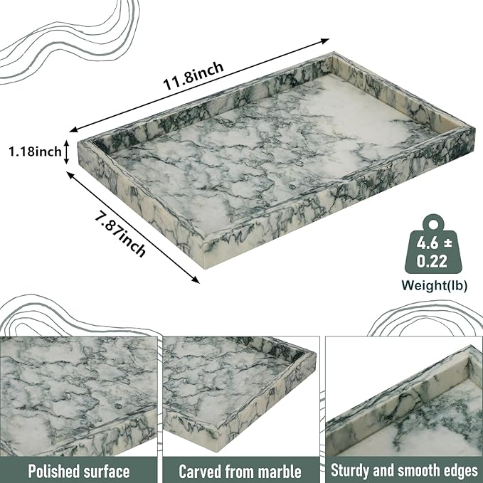 Marble Bathroom Tray,Pure Natural Vanity Tray,Marble Tray for Kitchen Counter Non-Ceramic/Non-Resin,Stone Trays 12 x 8 inch Cyan Green