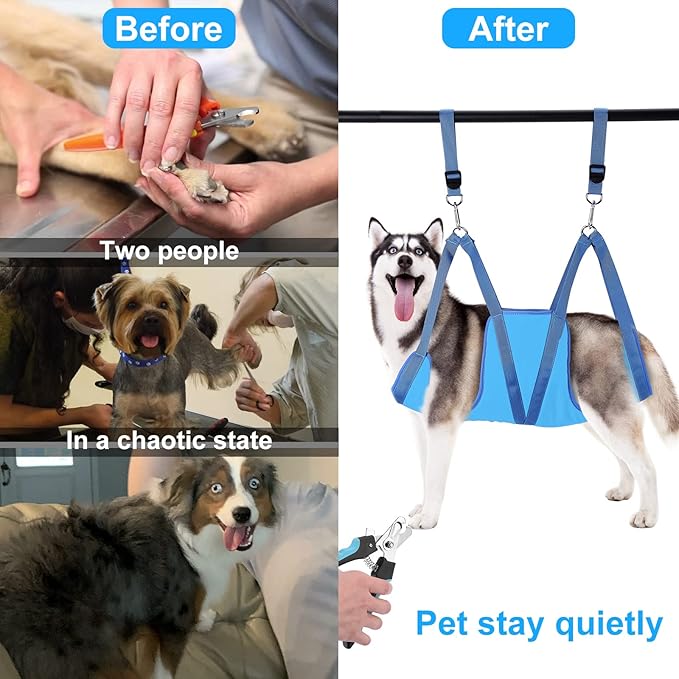 Dog Grooming Hammock, Pet Grooming Harness for Dogs&Cats, Multi Hammock Restraint Bag with Adjustable Grooming Loop/Stainless D-Hooks/Nail Clippers/Trimmer/Nail File for Pet Nail Trimming, Care (M)