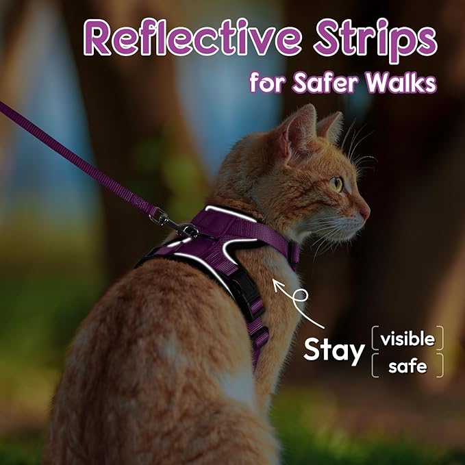 Dooradar Cat Harness and Leash Set, Escape Proof Safe Adjustable Kitten Vest Harnesses for Walking, Easy Control Soft Breathable Mesh Jacket with Reflective Strips for Cats, Purple, S