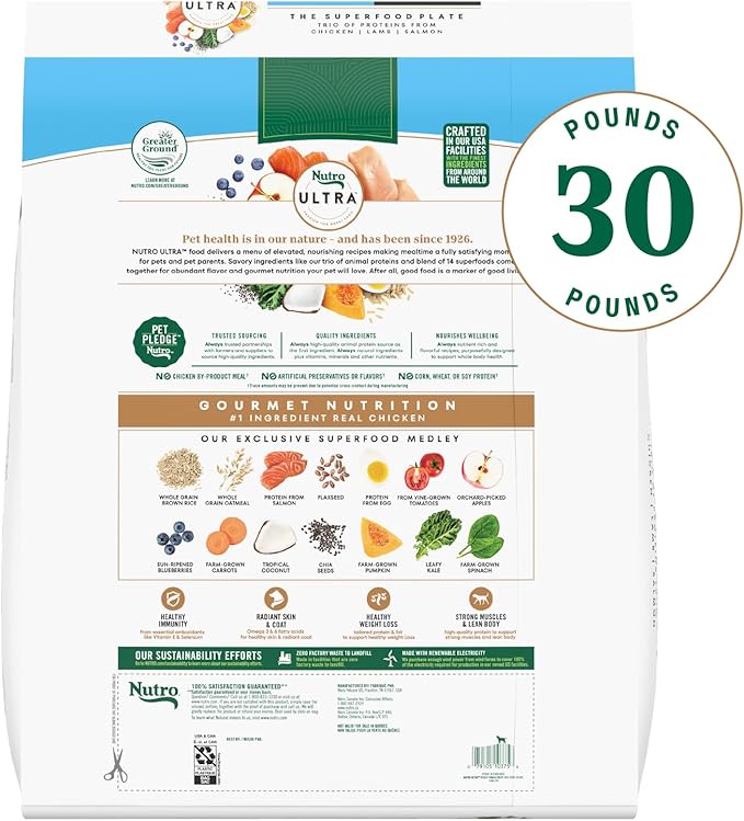Nutro Ultra Adult Weight Management Dry Dog Food, Chicken, Lamb and Salmon Protein Trio, 30 lb. Bag