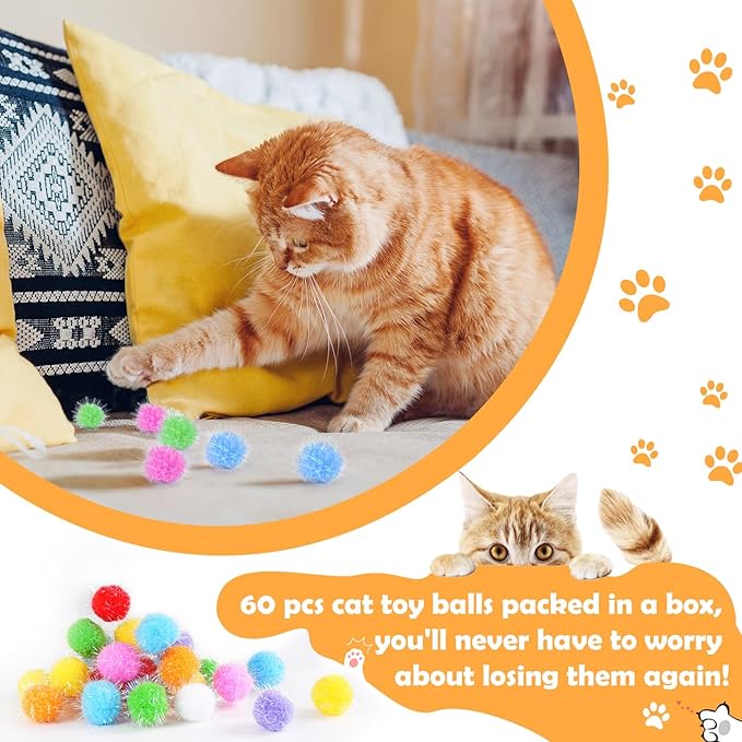 DF DUALFERV 60 Pcs Cat Pom Pom Balls, Interactive Cat Toys, Sparkle Balls for Cats, Extra Large and Fuzzy for Exercise and Entertainment, Multicolor, 1.5 Inch
