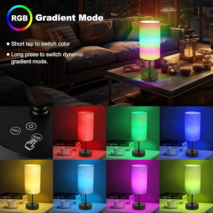 Unicozin Table Lamp, 3 CCT 3000K/4500K/6500K & RGB Color Changing, Stepless Dimmable Small Bedside Lamp for Reading, Ambience Nightstand Light for Home Decor Party, Beige Shade