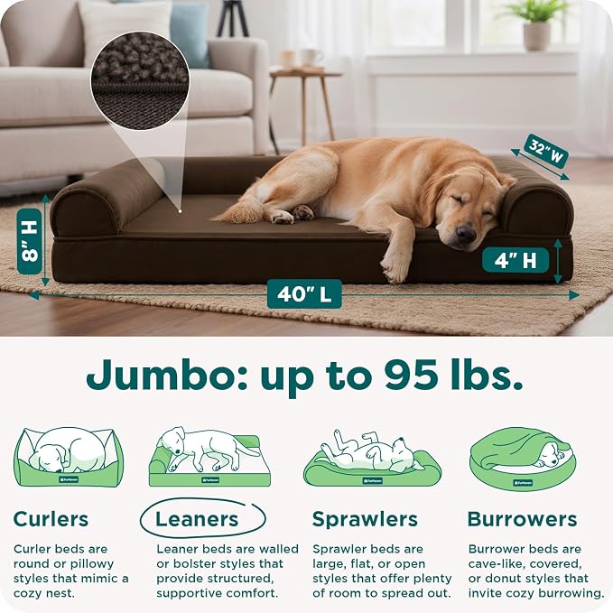 Furhaven Orthopedic Dog Bed for Large Dogs w/ Removable Bolsters & Washable Cover, For Dogs Up to 95 lbs - Plush & Suede Sofa - Espresso, Jumbo/XL