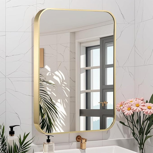 24x36 Inch Gold Bathroom Mirror, Brushed Gold Metal Framed Rectangular Mirror