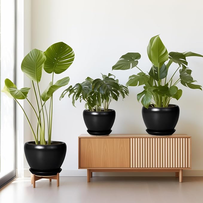 Ceramic Planters Pots - 10 Inch 8 Inch 6 Inch Plant Pots Indoor with Drainage Holes and Saucers Large Planters Mid-Century Flower Pots Outdoor Set of 3 Black
