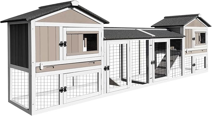 PetsCosset 114" L Rabbit Hutch Indoor and Outdoor 2-Story Rabbit Cage with Pull Out Tray,Fir Wood Guinea Pig Cages with Wooden Ramp,Waterproof Bunny Cage Indoor Bunny Hutch with 2 Asphalt Roofs,Grey