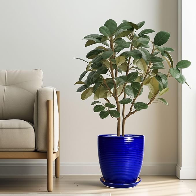 Ceramic Planter Pot - 10 Inch Plant Pot Indoor with Drainage Hole and Saucer Round Planter Large Modern Decorative Flower Pot Outdoor Garden Pot Blue