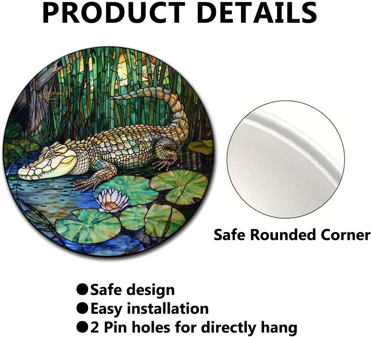 Lygond Metal Sign Tin Sign Circular Stained Glass Crocodile Restroom Tin Sign for Yard 12×12 Inches