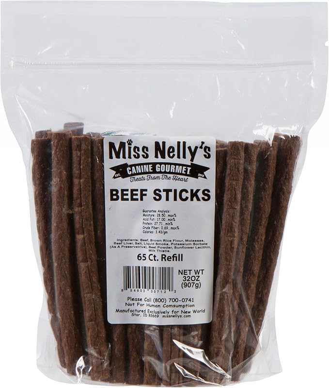 Miss Nelly's- All Natural Beef Jerky Dog Treats Made in USA Only-Original Smoke House Recipe-Minimally Processed Soft Sticks Dog Jerky Treats-32 oz. Jar