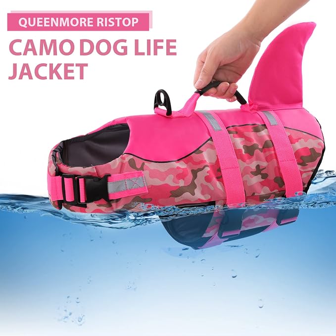 Dog Life Jacket Ripstop Dog Shark Safety Vest Adjustable Preserver with High Buoyancy and Durable Rescue Handle for Small,Medium,Large Dogs, Pink Camouflage X-Small