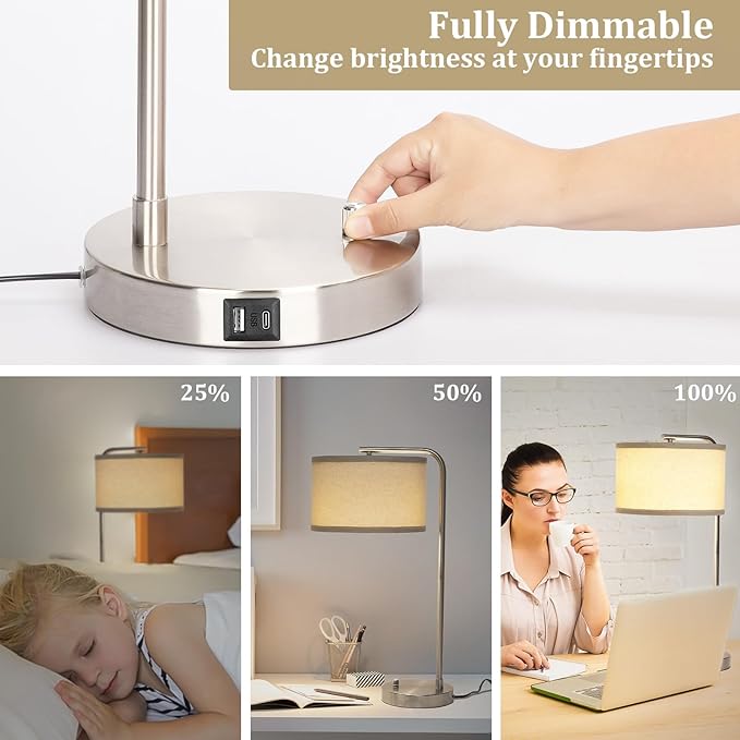 Table Lamp for Living Room, Modern Bedside Lamp with USB C+A Ports, Fully Dimmable Nightstand Lamp with Beige Drum Shade, Silver Finish Side Table Lamp for Bedroom Office, 3000K LED Bulb Included