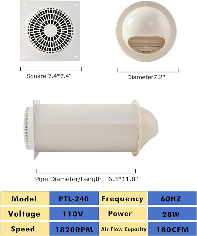 MEOZRI Through-the-Wall Ventilation Fan Exhaust Fan White Cover 6-inch Diameter