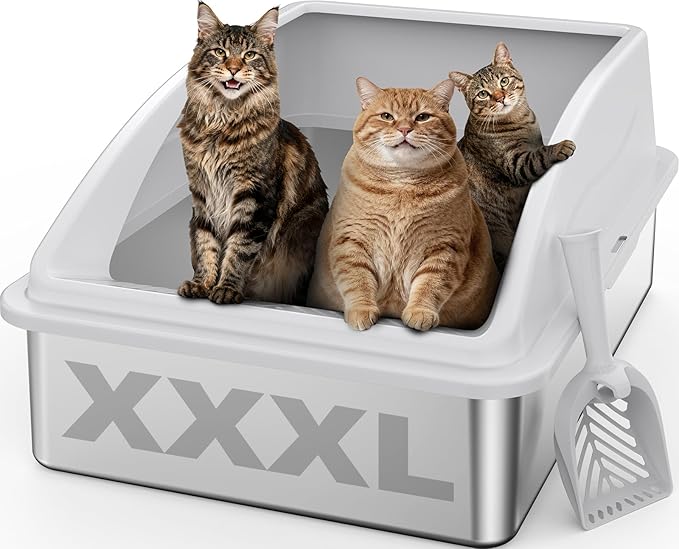 AIPERRO Stainless Steel Litter Box Extra Large for Big Cats and Multi-Cats | Jumbo Extra Large Metal Cat Box with High Sided Lid, Anti-Urine Leakage, Non-Stick,Include Litter Scoop