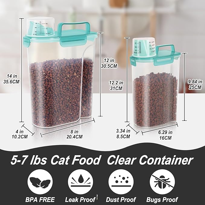 2Pack Cat Dog Food Storage Container with Upgraded Large Nozzle BPA-free, 3+5lbs Plastic Pet Food Containers with 4 Sealed Clasps/1 Measuring Cup/ Handle Easy to Clean and Carry (Clear Blue)