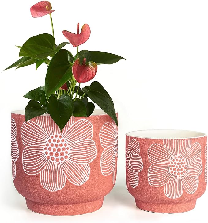 YBX 8 Inch + 6 Inch White Flower Pattern Plant Pots, Sand Glazed Ceramic Planter with Drainage Hole, Flower Pots for Indoor Plants, Red
