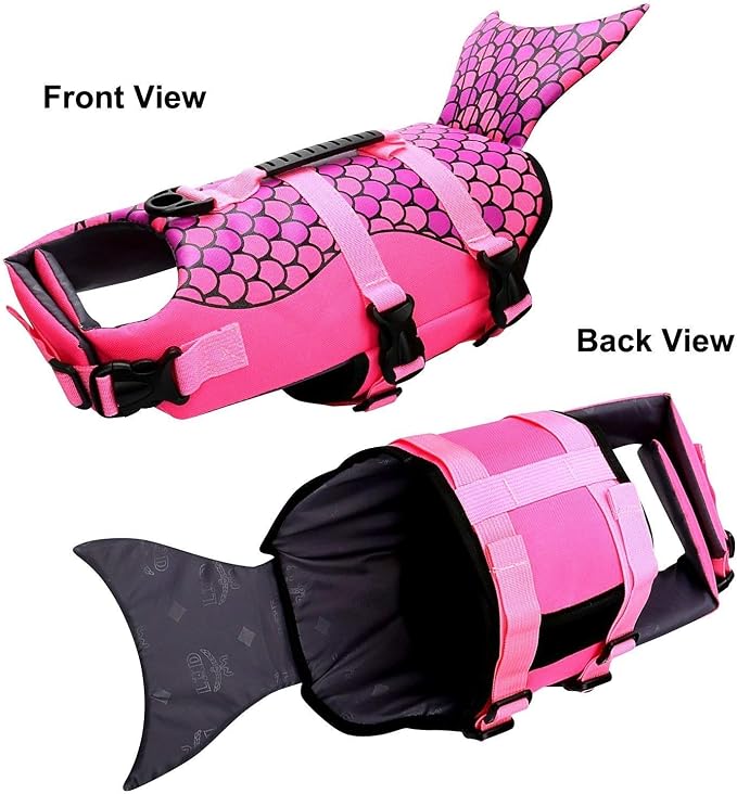 Dog Life Jacket Ripstop Shark Dog Safety Vest Adjustable Preserver with High Buoyancy and Durable Rescue Handle for Small,Medium,Large Dogs, Pink Fish Medium