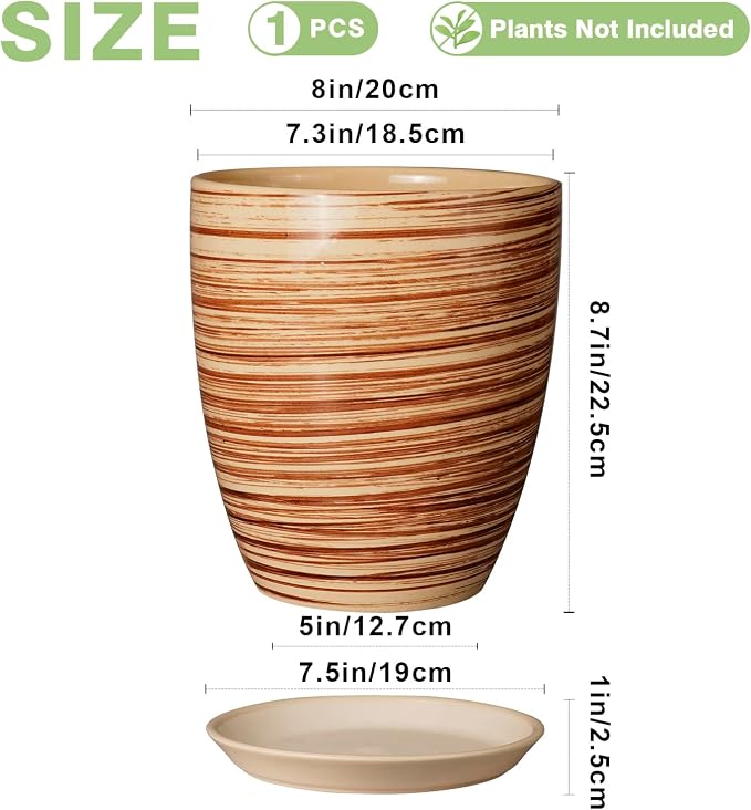 8 Inch Plant Pot, Ceramic Planter with Drainage Hole and Saucer Large Flower Pot for Home Patio Garden Office, Yellow