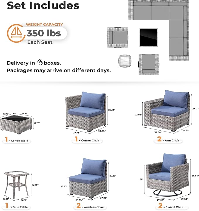 ovios 9 Pieces Patio Furniture Set, Outdoor Wicker Sectional Sofa with 2 Swivel Chairs Coffee Table, Modern Modular Deep Seat Rattan Couch Conversation Sets, Denim Blue