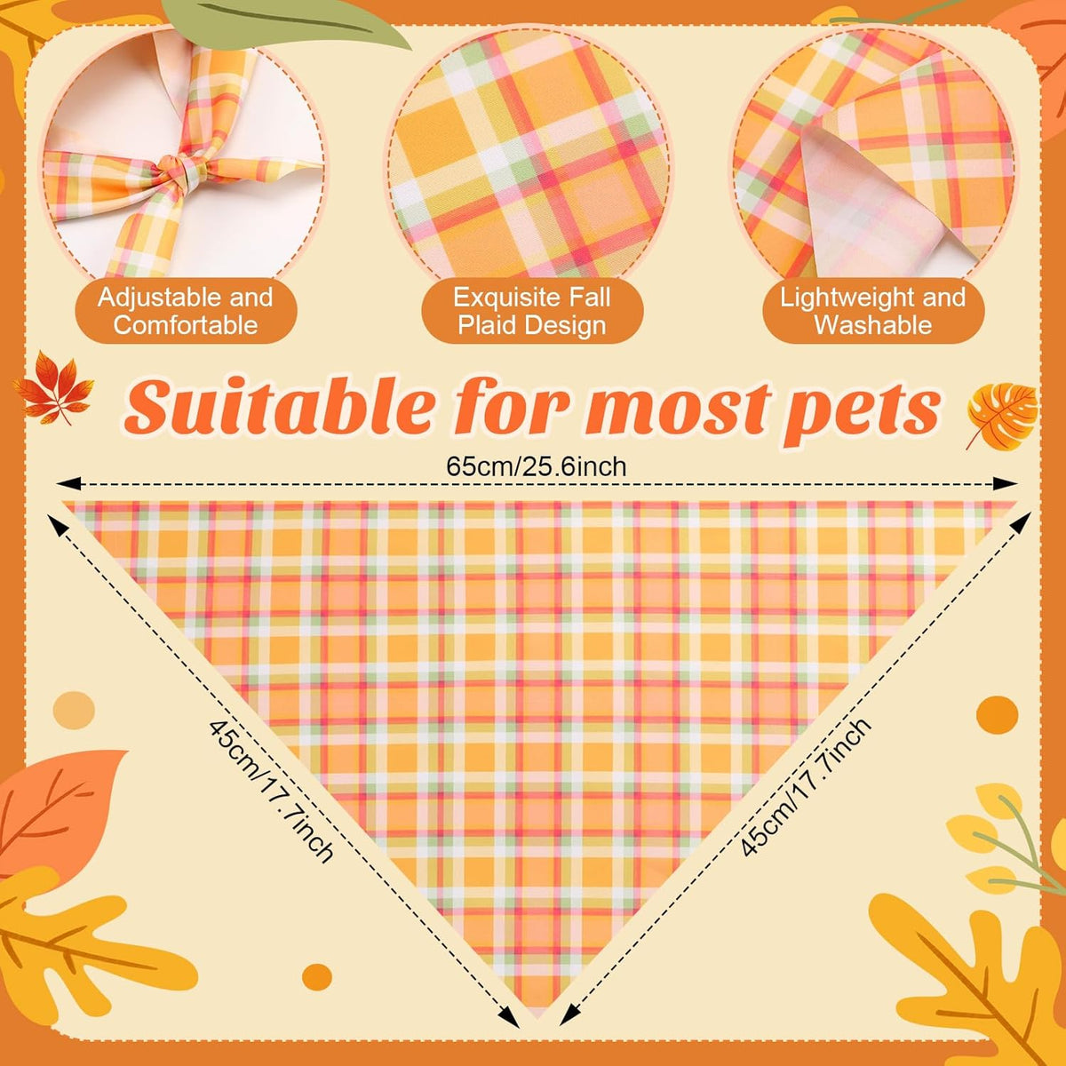 100 Pieces Fall Dog Bandanas Bulk Plaid Bandanas for Dogs Autumn Thanksgiving Soft Doggie Bibs Adjustable Triangle Scarves for Small Medium Large Pet Fall Autumn Costume