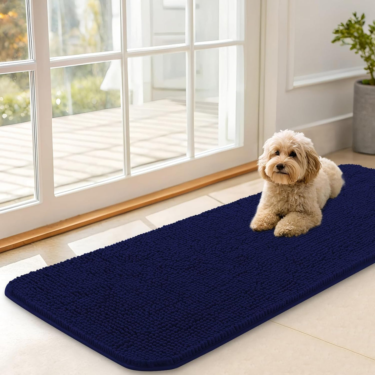 OLANLY Dog Door Mat for Muddy Paws 47x17, Absorbs Moisture and Dirt, Absorbent Non-Slip Washable Doormat, Quick Dry Chenille Mud Mat for Dogs, Entry Indoor Entryway Carpet for Inside Floor, Navy Blue