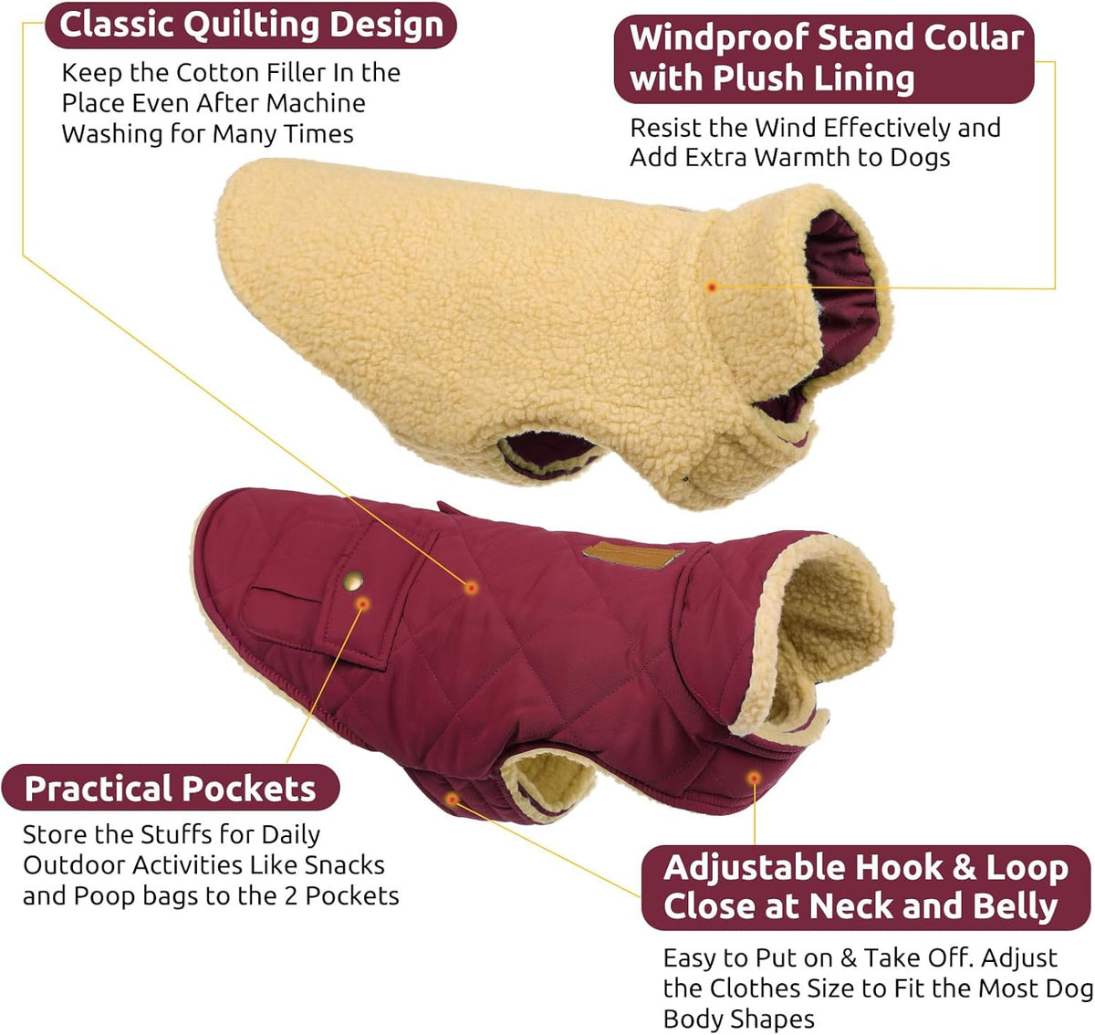 Queenmore Dog Winter Coat Warm Puffer Jacket Waterproof Plush Lining Thermal Cold Weather Vest for Small Medium Large Dogs, Windproof Easy On Pet Jacket Burgundy S