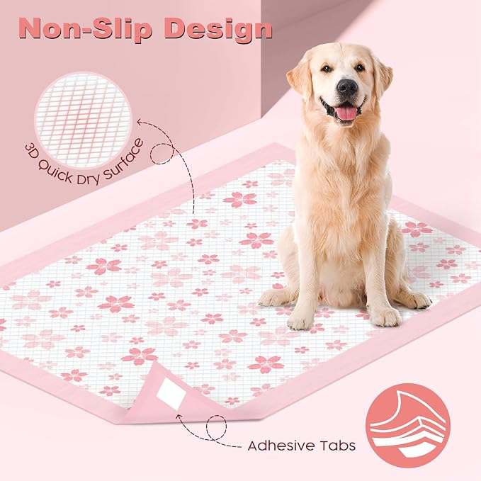 MIZOK Pink Puppy Pads with Adhesive Tabs Disposable Pee Pads 28x34in 100Ct | Heavy Duty Floor Protection Super Absorbent Large Pet Training Pads Use Sticky Bottom Strips to Keep Indoor Areas Mess Free