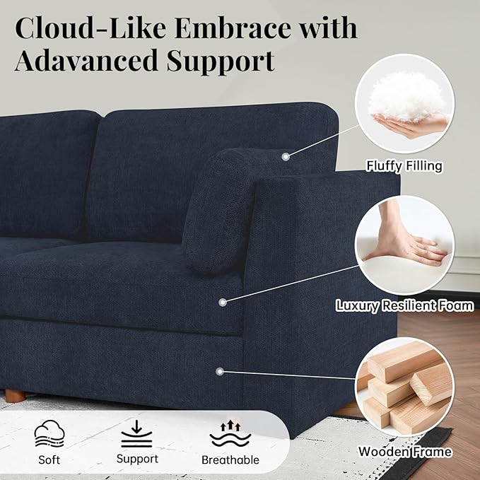 CUGOAO 117.7'' Modular Sectional Sofa, Oversized L-Shaped Sectional Couch with Ottoman, Deep Seat Chenille Cloud Couch, Mordern Upholstered Couches for Living Room, Apartment, Office, Blue