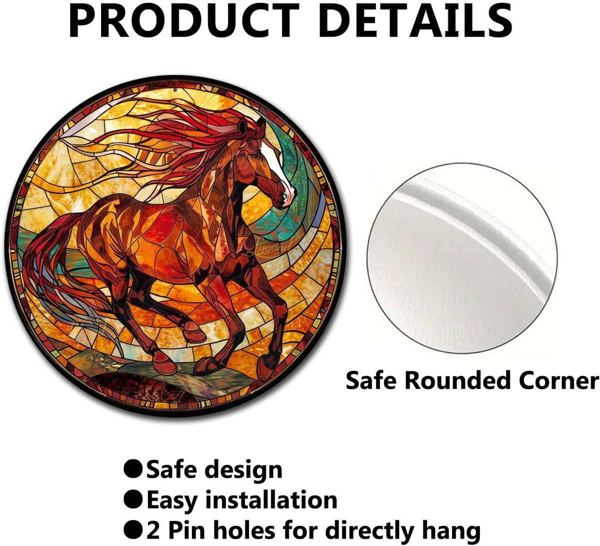 Lygond Metal Sign Tin Sign Circular Stained Glass American Mustang Garden Tin Sign for Gift 8×8 Inches