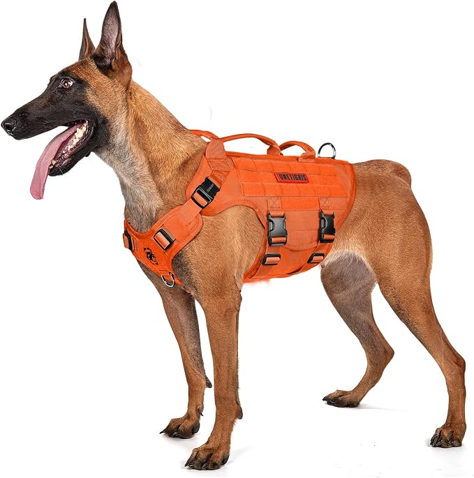 OneTigris Large Tactical Dog Harness, No Pulling Adjustable Dog Vest Harness, Heavy Duty Dog Harness with Handle, Large Hook and Loop Panels for Patch(Orange,M)