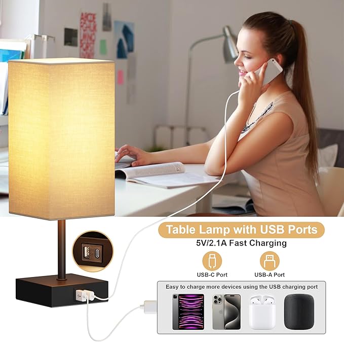 Sailstar Touch Bedside Lamp for Bedroom Set of 2, 3 Way Dimmable Table Lamp with USB C+A Charging Ports, Small Nightand Lamps for Bedroom Decor, Living Room, Home, LED Bulbs Included, Upgraded Beige