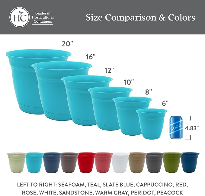 The HC Companies Eclipse Round Planter with Saucer - Outdoor & Indoor Plant Pot with Drainage Holes - Lightweight, UV-Resistant Plastic Pots for Plants, Flowers & Herbs (20" Warm Gray, Pack of 1)