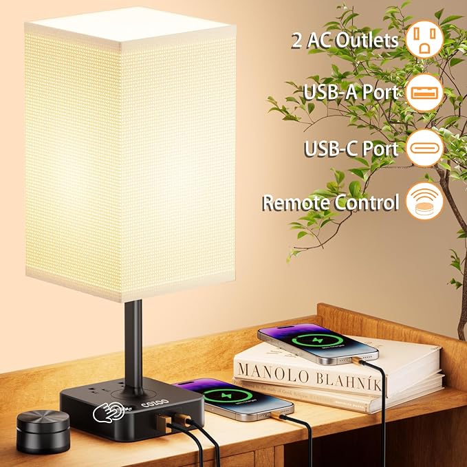 Remote Control Bedside Lamp with USB-C & USB-A Charging Ports, 2 AC Outlets, Stepless Dimming Nightstand Lamp for Bedroom- Touch & Remote Control,Warm Soft Light Table Lamp for Home, Office,Decoration