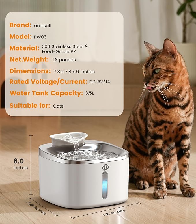 oneisall 3.5L Water Fountains for Cats Indoor, Stainless Steel Pet Drinking Fountains Automatic Running Cat Waterer Fountains Quiet, White