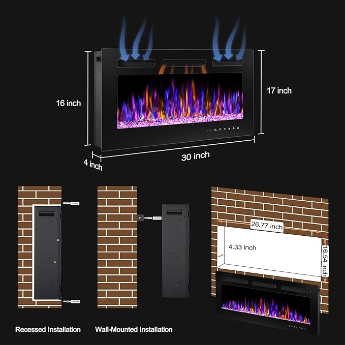 30" Electric Fireplace Wall Mounted and Recessed