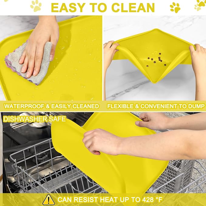 SMILOOL Waterproof Silicone Pet Food Mat with Raised Edge for Dog & Cat | 24" x 16" Non-Slip Pet Feeding Mats with Lip for Food & Water Bowl, Food Grade, Easy Cleaning, Light Yellow
