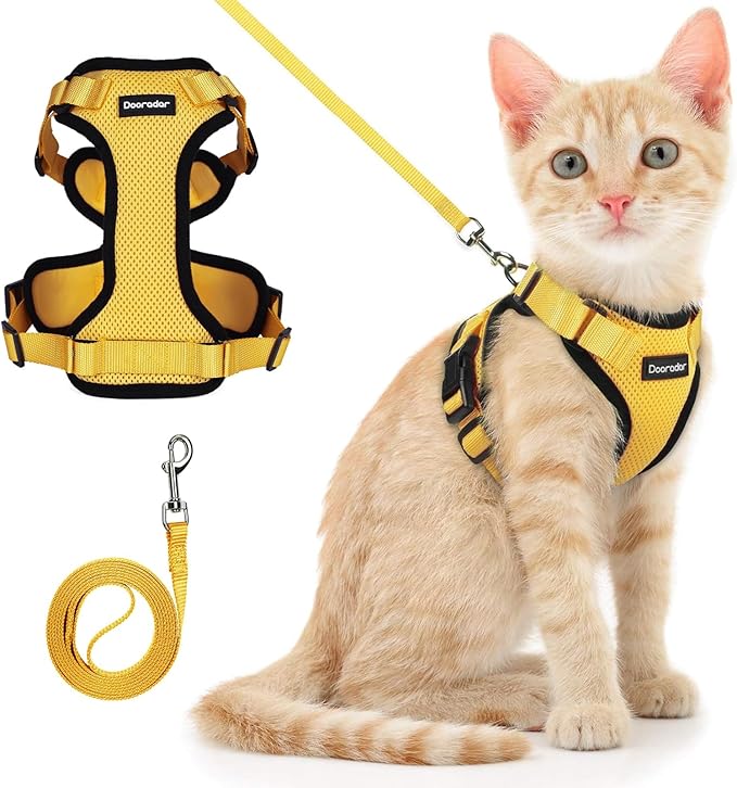 Dooradar Cat Harness and Leash Set, Escape Proof Safe Adjustable Kitten Vest Harnesses for Walking, Easy Control Soft Breathable Mesh Jacket with Reflective Strips for Cats, Yellow, XS
