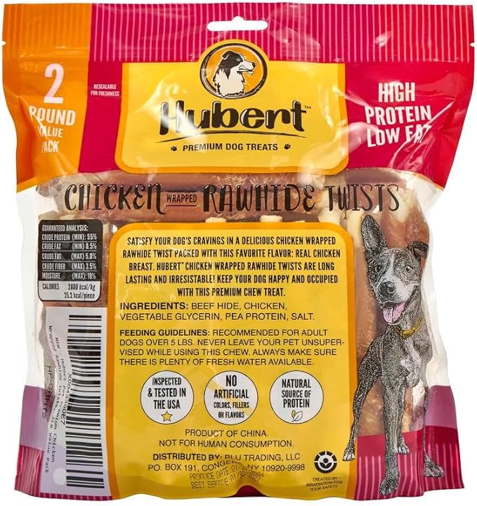 Hubert Pet Premium Chicken Wrapped Rawhide Twists - Natural Dog Treats in Resealable Bag, Ideal for Small & Large Dogs - 2 lbs Value Pack