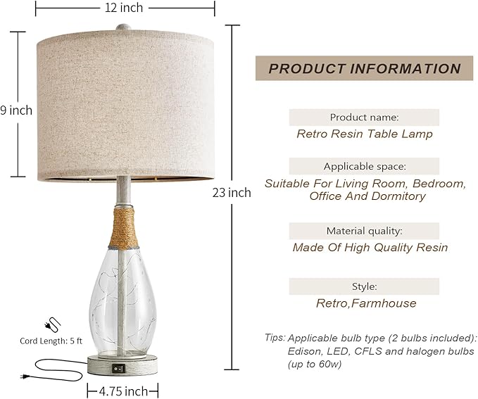 OYEARS 23" Table Lamps for Living Room Set of 2 Bedside Lamps for Night Stands Bedroom Lamps Farmhouse Rattan Boho Lamp Glass Nightlight End Table Lamp with USB C+A (White),Two Light Points