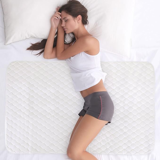 Organic Incontinence Pads for Kids & Toddlers - 5 Layer Waterproof Protectors for Overnight Bed Wetting - Reusable & Washable Pee Pads - Fits Twin to Full Size Beds - 34" x 52" White