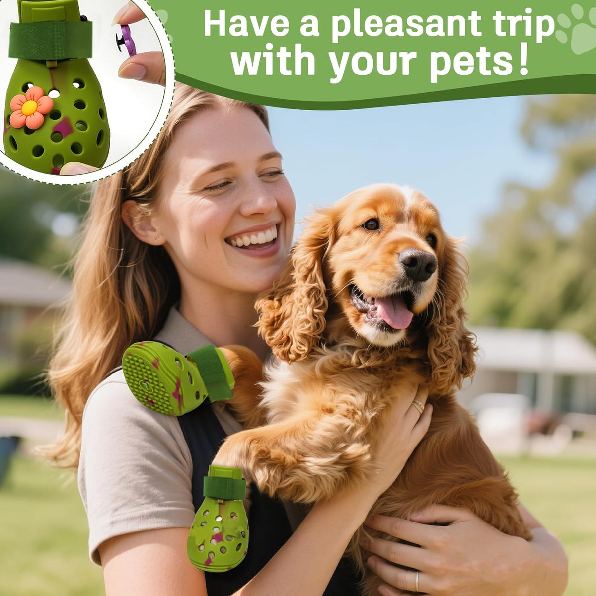 Dog Shoes for Hot Pavement, Adjustable Magic Tape Boots for Small, Medium & Large Dogs, Anti-Slip, Easy to Clean Paw Protectors for Beach, Outdoor & Hot Weather (Green S)