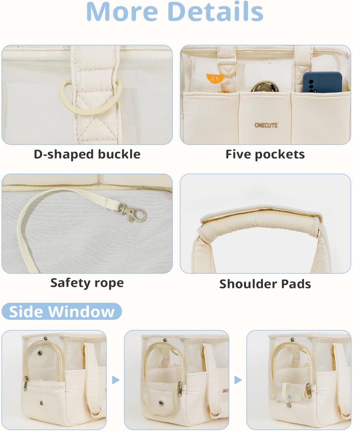Dog Purse Carrier for Small Dogs Rabbit cat with Large Pockets, Cotton Bag, Dog Carrier Soft Sided, Collapsible Travel Puppy Carrier (Beige Breathable, 17.0" L x 7.5" W x 12.0" H)