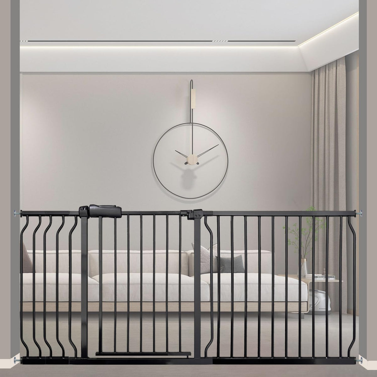 Wide Baby Gate 67-71.5 Inch Heavy Duty Steel Safety for Stairs, Pressure-Mounted Indoor Dog, No Drilling, Modern Home Design, Black