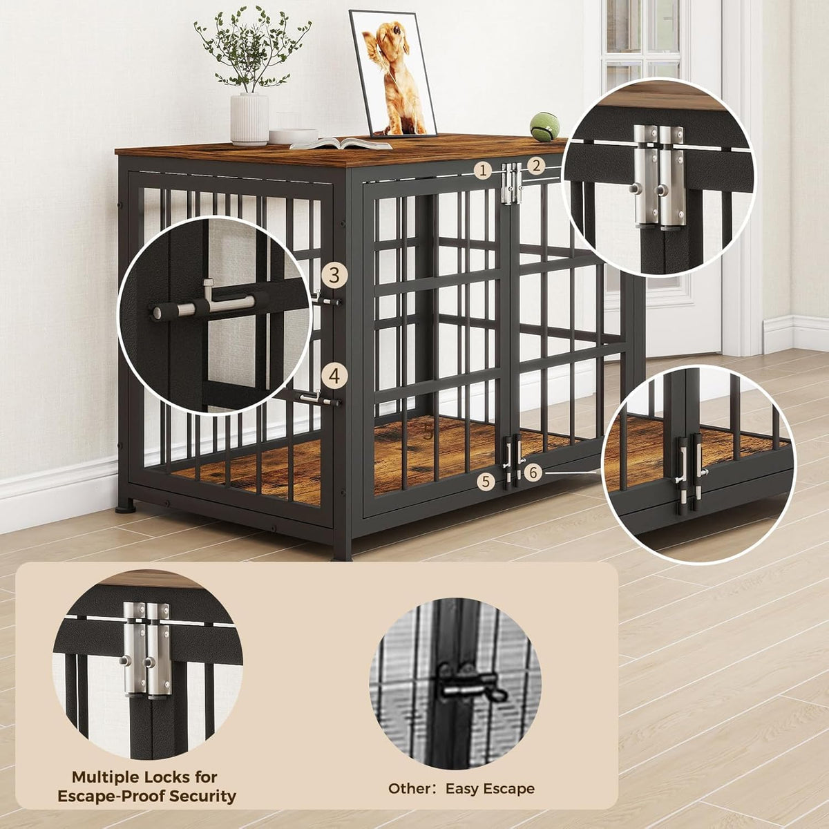 32 Inch Heavy Duty Wooden Dog Kennel End Table with Double Door Design and Secure Locks, Indoor Pet Crate Furniture for Medium Dogs, Decorative Home Cage Design,Aged Black