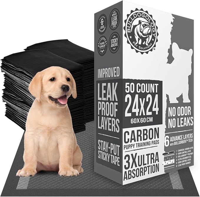 Bulldoglogy 50-Count Carbon Black Dog Pads Puppy Training Pads with Adhesive Tape 24x24 - Large Charcoal Puppy Pads Dog Training Wee Pads, Odor Control Thick Pee Pads for Dogs Extra Quick Dry