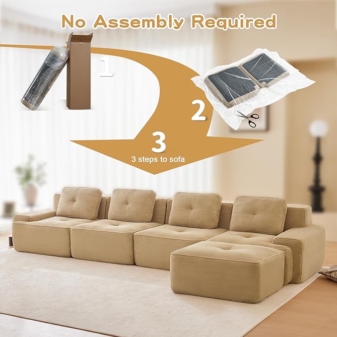 150" Modern Corduroy Cloud Sofa with Ottoman, L Shaped Boneless Modular Large Sectional Couches for Living Room, Camel 4 Seater Compressed Memory Foam Couch, Extra Deep Seat, No Assembly