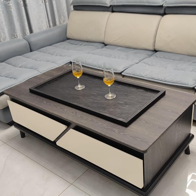 35 * 18 inches High-End Light Luxury Leather Rectangle Oversized Service Tray for Ottoman Tray, Coffee, Food, Family Dinner, Picnic, Party Essentials (Black, 35 * 18 inch)