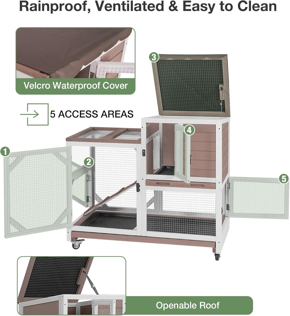 Rabbit Hutch 2-Story Wooden Bunny Cage with 2 Leak-Proof Sliding Trays, Chew-Proof Metal Mesh, Rainproof Cover, Indoor & Outdoor Guinea Pig House with Wheels - Brown