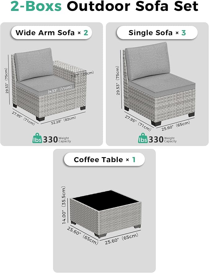 6 Piece Outdoor Wicker Rattan Sectional Sofa Set, 5-Seats Patio Furniture Conversation Set with 4" Thickened Cushions & Coffee Table, All-Weather PE Rattan for Garden, Backyard, Porch, Grey